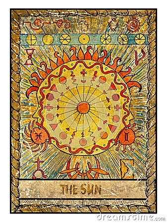 Old tarot cards. Full deck. The Sun Cartoon Illustration