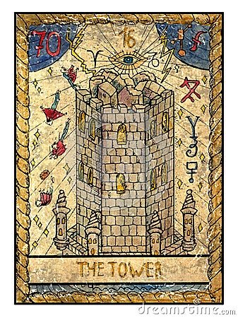 Old tarot cards. Full deck. The Tower Cartoon Illustration