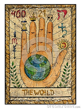 Old tarot cards. Full deck. The World Cartoon Illustration