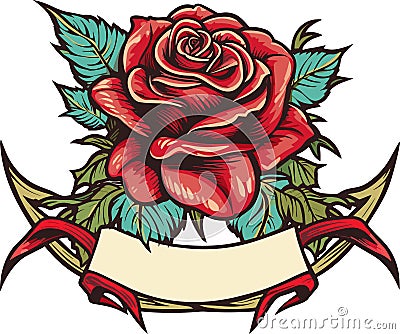 Old tattooing school colored icon with rose with ribbon for text vector illustration Vector Illustration