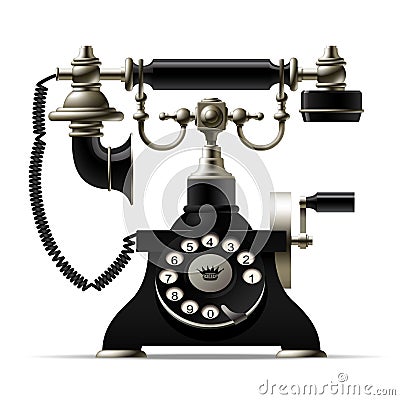 Old telephone on white. Retro rotary dial black phone Vector Illustration