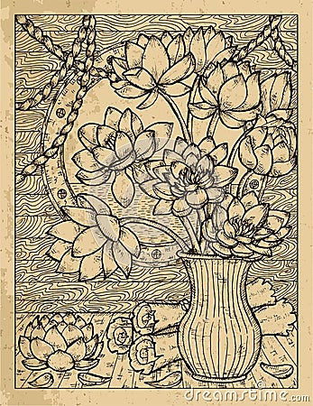 Old textured illustration with bunch of lotus flowers on the table in the berth against the illuminator and ropes Vector Illustration