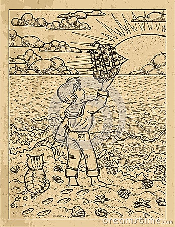 Old textured illustration of little boy standing on a seashore and holding handmade sailboat against rising sun Vector Illustration