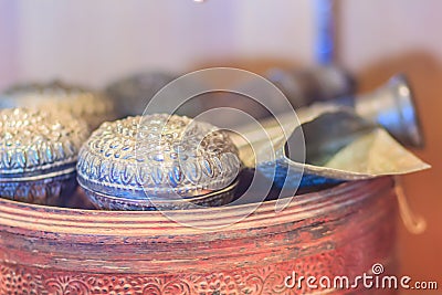 Old Thai silver bowl or Khan Maak in Thailand, a wedding ceremony accessories or engagement ceremony with betel, dowry, which the Stock Photo