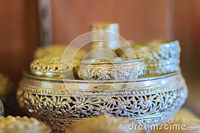Old Thai silver bowl or Khan Maak in Thailand, a wedding ceremony accessories or engagement ceremony with betel, dowry, which the Stock Photo