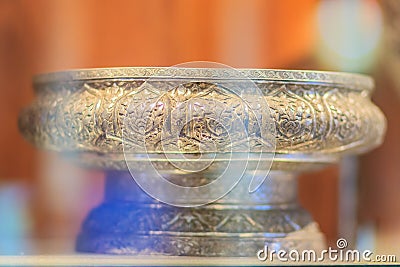 Old Thai silver bowl or Khan Maak in Thailand, a wedding ceremony accessories or engagement ceremony with betel, dowry, which the Stock Photo