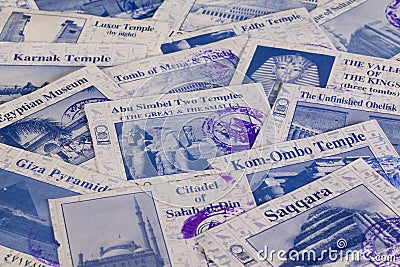Old tickets of all interesting Egyptian monuments Editorial Stock Photo
