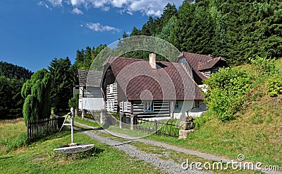 Old tiles roof house with chimney Stock Photo