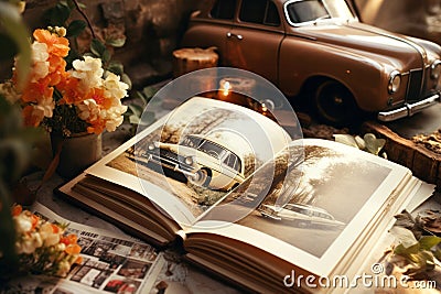 Old time retro car model and history book of motor vehicle on vintage table. Nostalgia concept Stock Photo