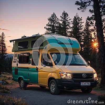 The old timer camper van is parked on the top of the hill between the pine trees... Stock Photo