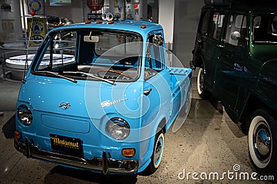 Detail of an old tiny blue pickup truck, it is a second generation Subaru Sambar 1966 Editorial Stock Photo