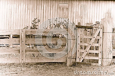 Old tired farm gate in sepia Stock Photo