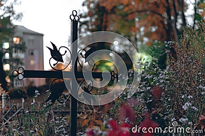 Old tombstones ruin in autmn forest, cemetery in evening, selective focus Stock Photo