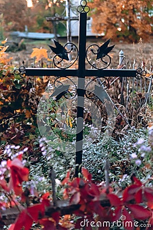 Old tombstones ruin in autmn forest, cemetery in evening, selective focus, vertical photo Stock Photo