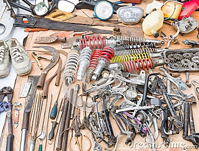 Old tools and old replacement parts Stock Photo