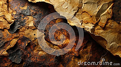 Old torn vintage paper texture background, brown burnt dirty crumpled parchment. Top view of rough grungy wrapping paper. Theme of Stock Photo