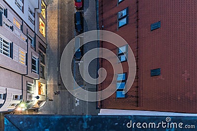 Old tower in Brno city and view down to main street from above where is car parking spots and people waling on main street during Editorial Stock Photo