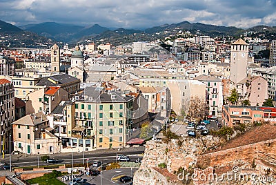 Old towers in Savona, Italy, travel landmark Stock Photo