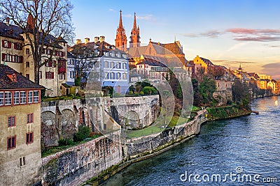 Old town of Basel with Munster cathedral facing the Rhine river, Switzerland Stock Photo