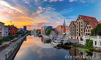 Old Town and Brda River at sunrise in Bydgoszcz, Poland Editorial Stock Photo