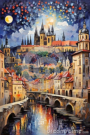 Old Town and bridge over the river. Digital painting drawing in oil impressionist style. Stock Photo