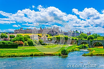 Old town of Carcassonne and pont vieux in France Stock Photo