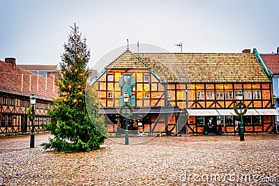 Old town center with the oldest homes and buildings in the Christmas season in MalmÃ¶ in Sweden Editorial Stock Photo
