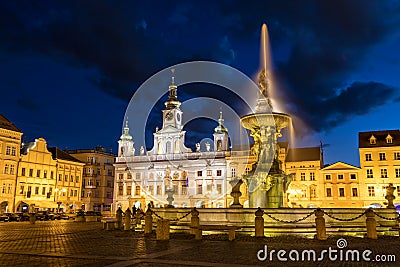 Old town of Ceske Budejovice at night, Budweis, Budvar, S Stock Photo