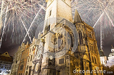 Old Town City Hall in Prague (Night view) and holiday fireworks, view from Old Town Square, Czech Republic Stock Photo
