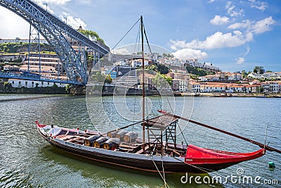 Old town cityscape on the Douro River with traditional Rabelo boats, Porto, Portugal. Editorial Stock Photo