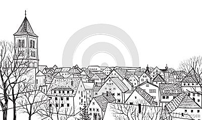 Old town cityscape with street. Sketch of historic building and house. Vector Illustration