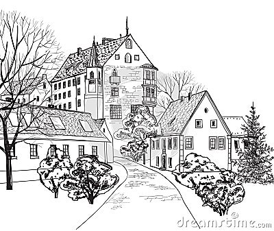 Old town cityscape with street. Sketch of historic building and house. Cartoon Illustration