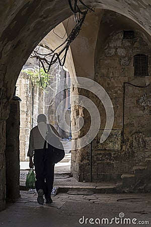 Old town cobbled street in ancient jerusalem city israel Editorial Stock Photo