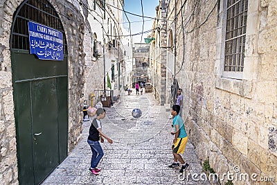 Old town cobbled street in ancient jerusalem city israel Editorial Stock Photo