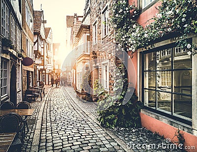 Old town in Europe at sunset with vintage effect Stock Photo