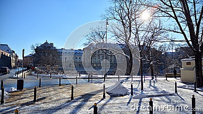 Old town is the historic center of Warsaw. Sights of Poland. Snow day. Winter, architecture concept. Editorial Stock Photo