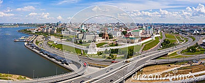 Old town, historical center with Kazan Kremlin and Suyumbike Tower, Panoramic view of the city on a sunny summer day. Russian Stock Photo