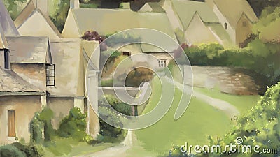 Old town and house with nature landscape painting illustration.View of little city.Beautiful village view of buildings Cartoon Illustration