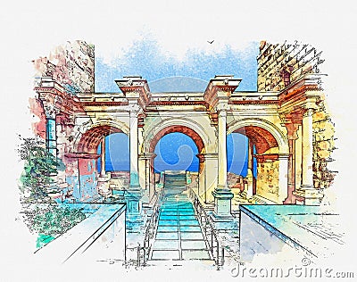 Old town Kaleici, Antalya, Turkey. Watercolor sketch Stock Photo