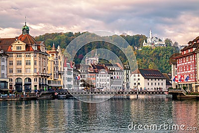 Old town of Lucerne reflecting in Reuss River, Switzerland Stock Photo
