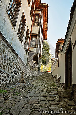 Historical street and passage in Plovdiv old town , Bulgaria Stock Photo