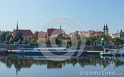 Old Town of Prague district Na Frantisku with surrounding area, St. Agnes convent and docked cruise boats. Editorial Stock Photo
