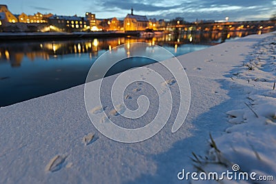 Old town of Regensburg on the danube river in winter with animal footprints in fresh snow Stock Photo