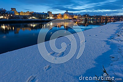 Old town of RegenOld town of Regensburg on the danube river in winter with animal footprints in fresh snowsburg on the danube Stock Photo