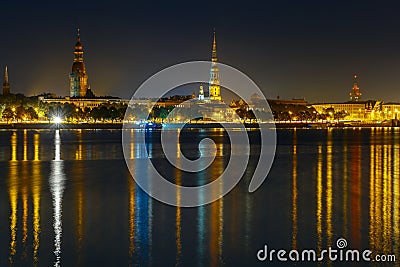 Old Town and River Daugava at night, Riga, Latvia Stock Photo