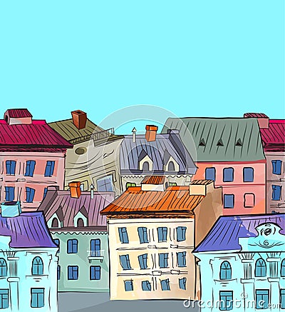 Old town roofs seamless border Vector Illustration