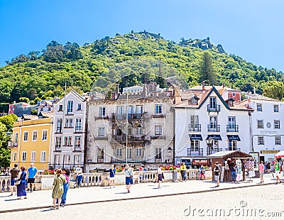 town of Sintra with view to the Moorish Castle atop the surrounding hills, Sintra, Portugal Editorial Stock Photo