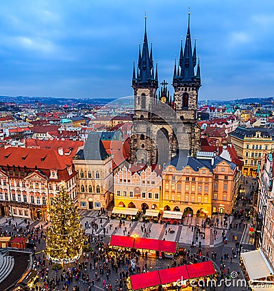 Old Town Square and Christmas market in Prague, Czech Republic. Editorial Stock Photo