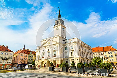 Old town square with town hall in city of Kalisz, Poland Stock Photo