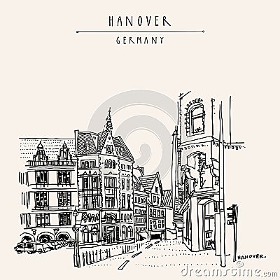 Old town street in Hanover, Germany, Europe. Historical buildings. Freehand drawing. Travel sketch. Vintage touristic postcard, Vector Illustration